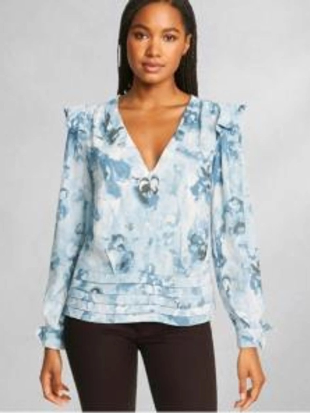 White House Black Market Long-SleeveV-Neck Banded Bottom Top